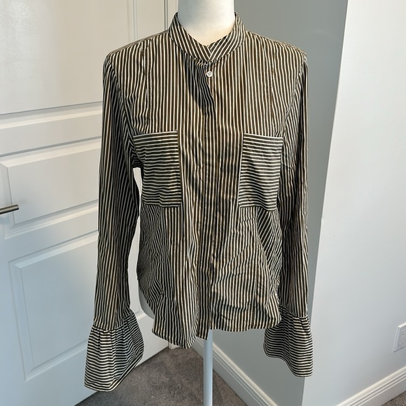 FRAME | Dark Sage & White Stripe Fitted Button Down with Bell Sleeves. - Picture 5 of 8